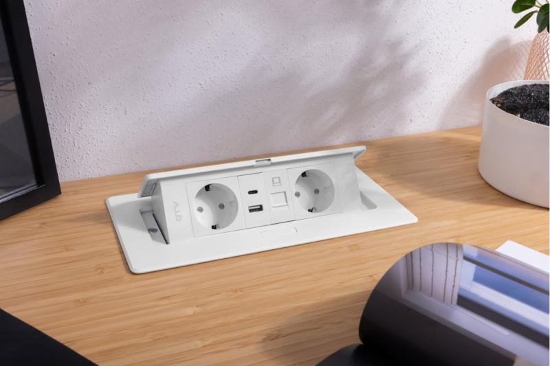 Möbeluttag MULTISOFT, 2xSCHUKO, USB A+C, RJ45, kabel 1,5 m, vit