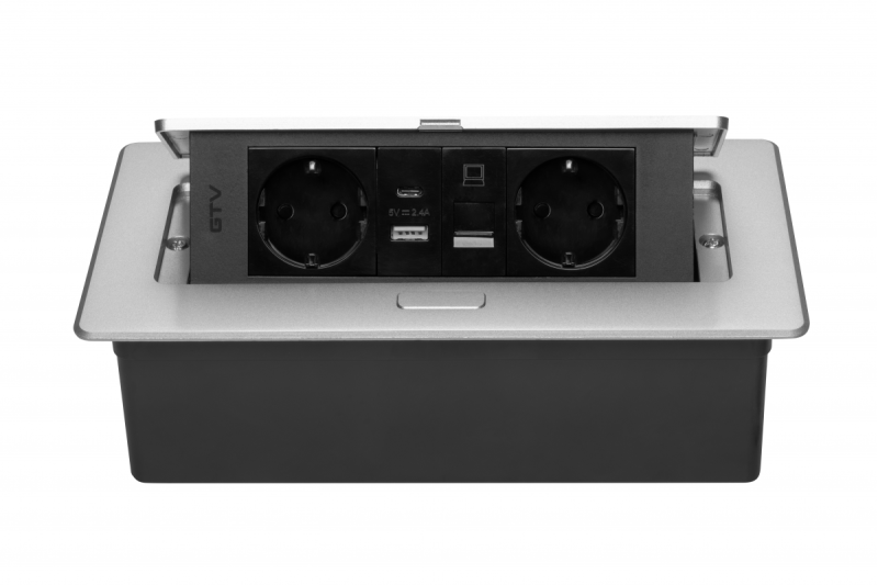 Möbeluttag MULTISOFT, 2xSCHUKO, USB A+C, RJ45, kabel 1,5 m, aluminium