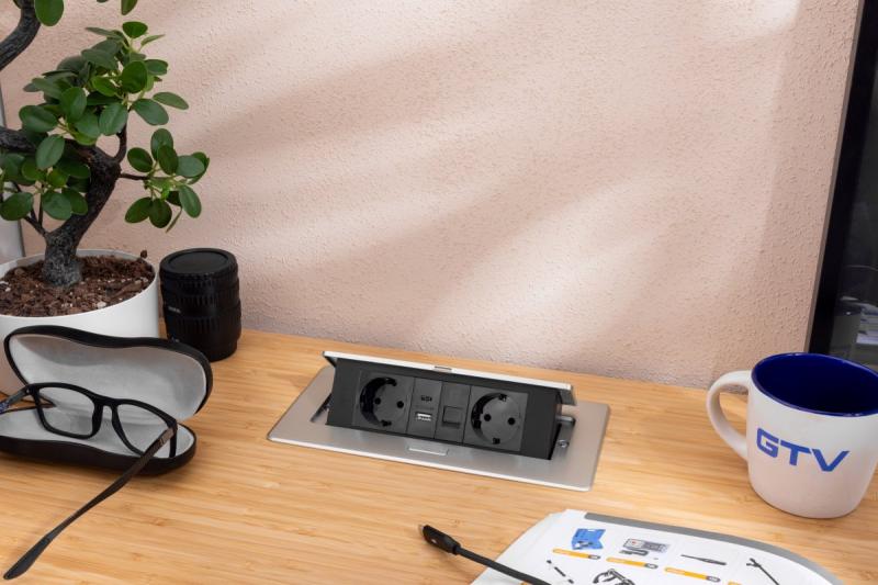 Möbeluttag MULTISOFT, 2xSCHUKO, USB A+C, RJ45, kabel 1,5 m, aluminium