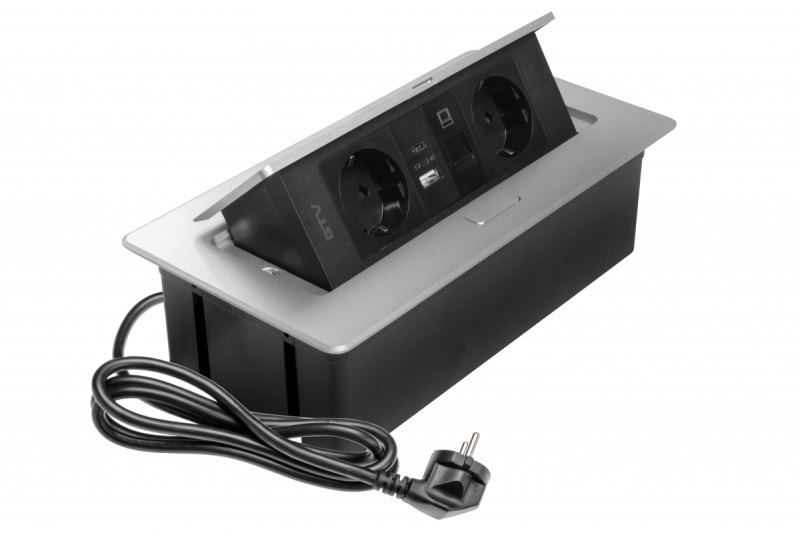 Möbeluttag MULTISOFT, 2xSCHUKO, USB A+C, RJ45, kabel 1,5 m, aluminium