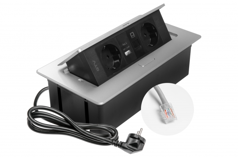 Möbeluttag MULTISOFT, 2xSCHUKO, USB A+C, RJ45, kabel 1,5 m, aluminium