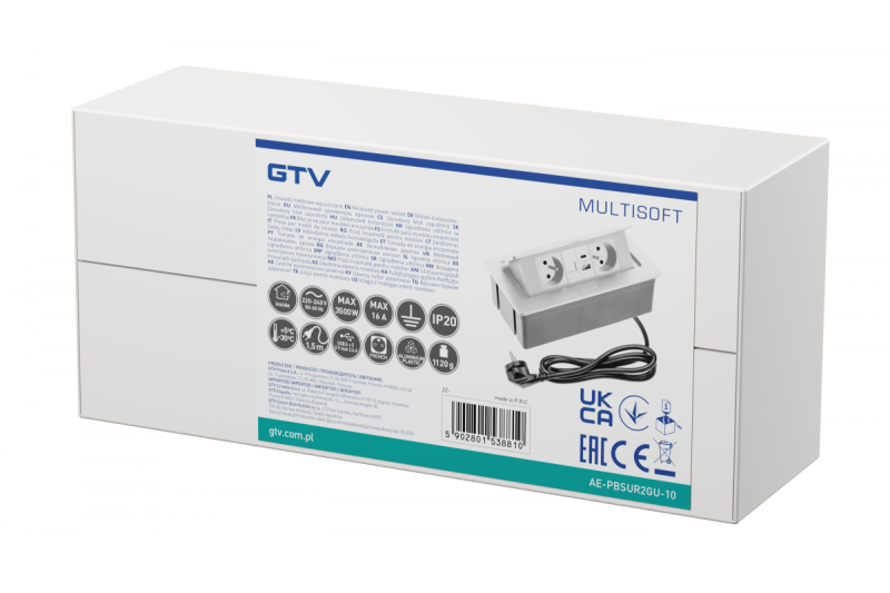 MULTISOFT Möbelsuttag 2x Uttag med Jordning, USB A+C, RJ45, Strömkabel med Stickkontakt, Vit