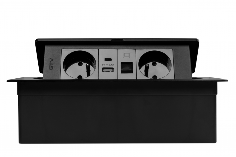 MULTISOFT Möbelsockel 2x Uttag med Jordning, USB A+C, RJ45, Strömkabel med Stickkontakt, Svart