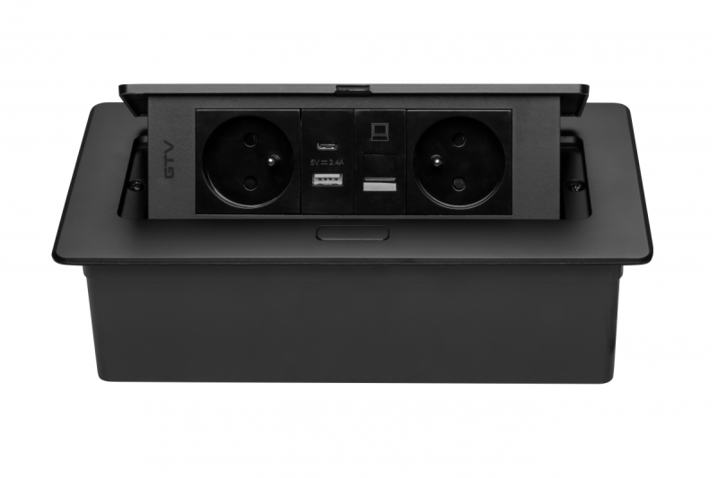 MULTISOFT Möbelsockel 2x Uttag med Jordning, USB A+C, RJ45, Strömkabel med Stickkontakt, Svart