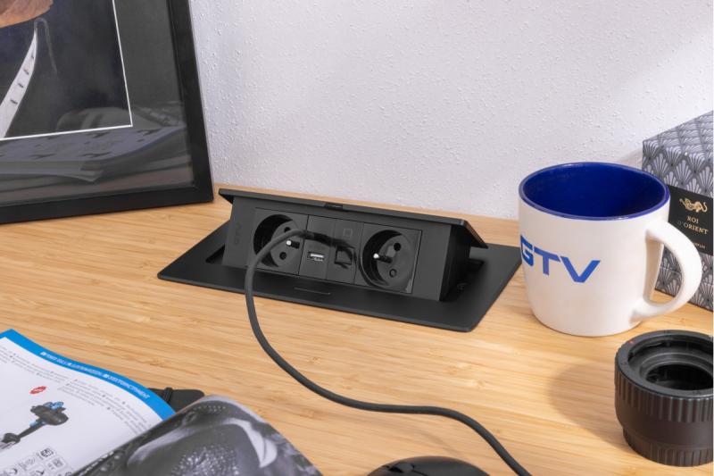 MULTISOFT Möbelsockel 2x Uttag med Jordning, USB A+C, RJ45, Strömkabel med Stickkontakt, Svart