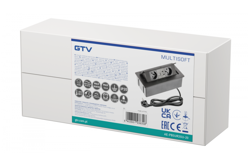 MULTISOFT Möbelsockel 2x Uttag med Jordning, USB A+C, RJ45, Strömkabel med Stickkontakt, Svart