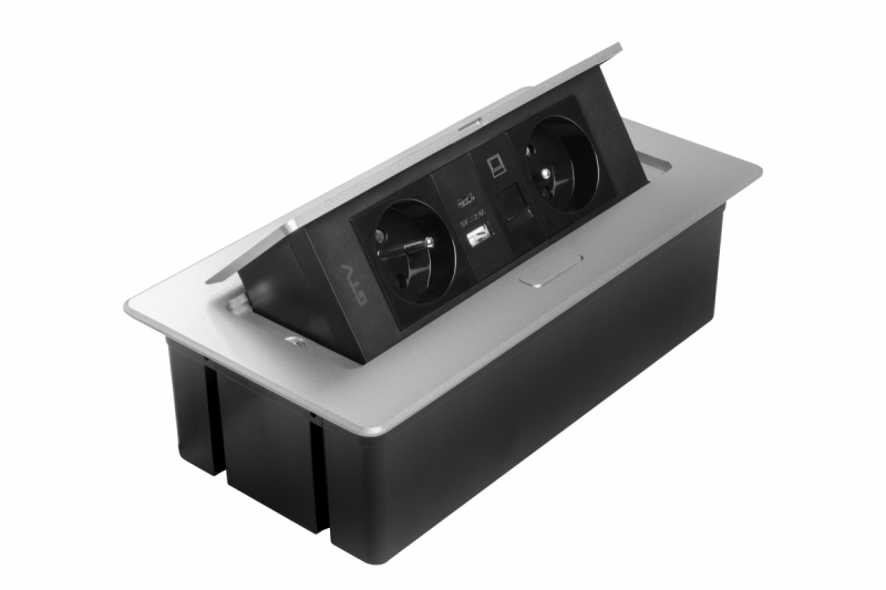 MULTISOFT Möbeluttag 2x Uttag med Jordning, USB A+C, RJ45, Strömkabel med Stickkontakt, Aluminium