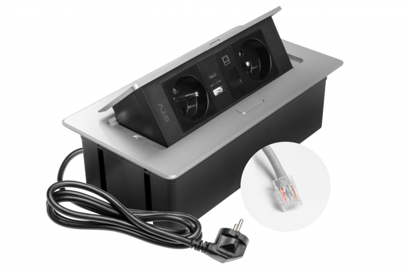 MULTISOFT Möbeluttag 2x Uttag med Jordning, USB A+C, RJ45, Strömkabel med Stickkontakt, Aluminium
