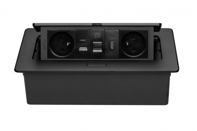 Möbeluttag MULTISOFT, 2xSHUKO, USB A+C, RJ45, HDMI-kabel 1,5 m, svart