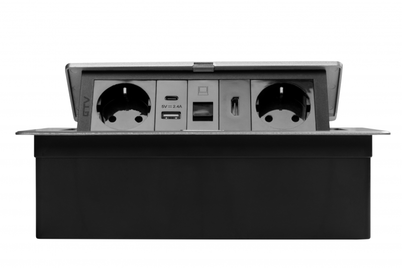 Möbeluttag MULTISOFT, 2xSCHUKO, USB A+C, RJ45, HDMI-kabel 1,5 m, aluminium