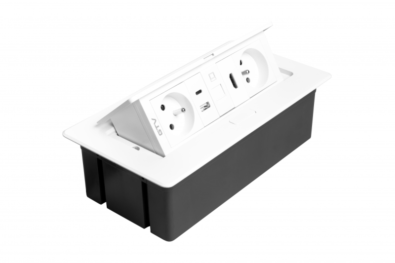 MULTISOFT möbeluttag 2x uttag med jordning, USB A+C, RJ45, HDMI, strömkabel med stickkontakt, vit