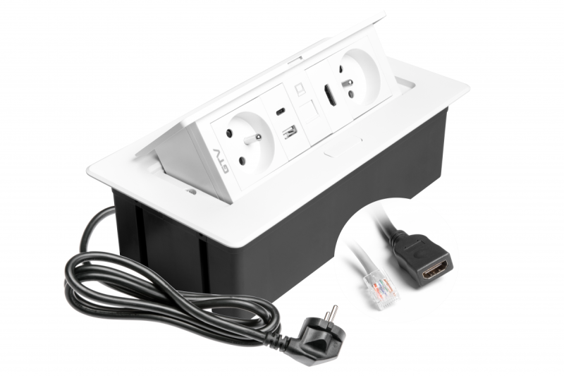 MULTISOFT möbeluttag 2x uttag med jordning, USB A+C, RJ45, HDMI, strömkabel med stickkontakt, vit