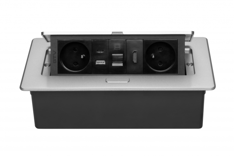 MULTISOFT möbeluttag 2x uttag med jordning, USB A+C, RJ45, HDMI, strömkabel med kontakt, aluminium