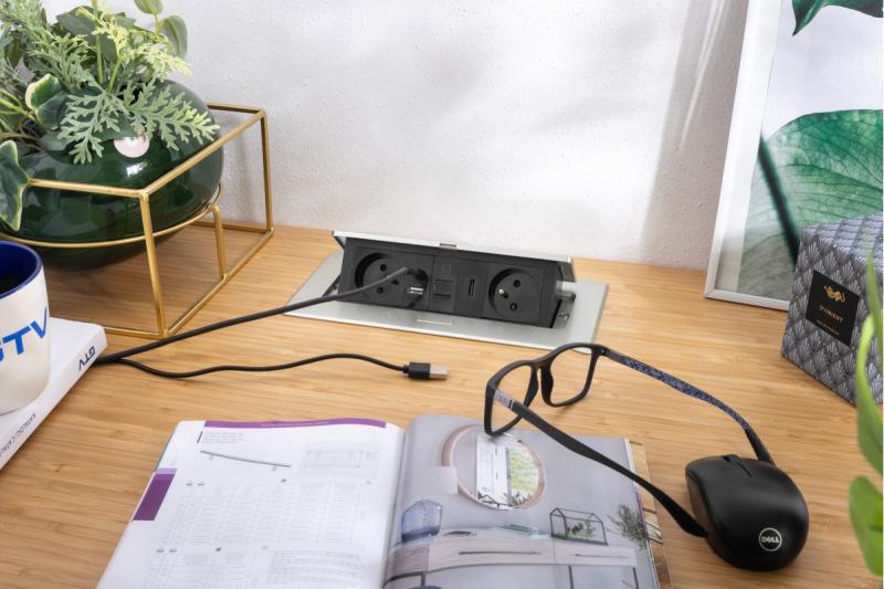 MULTISOFT möbeluttag 2x uttag med jordning, USB A+C, RJ45, HDMI, strömkabel med kontakt, aluminium