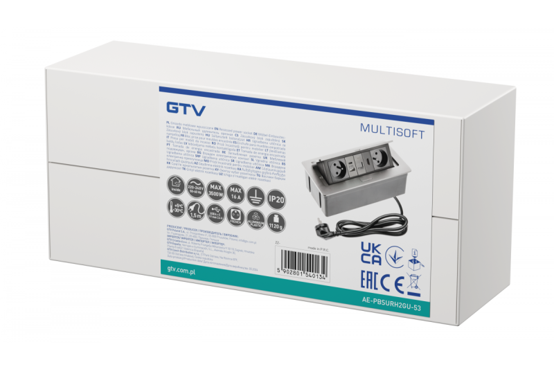 MULTISOFT möbeluttag 2x uttag med jordning, USB A+C, RJ45, HDMI, strömkabel med kontakt, aluminium