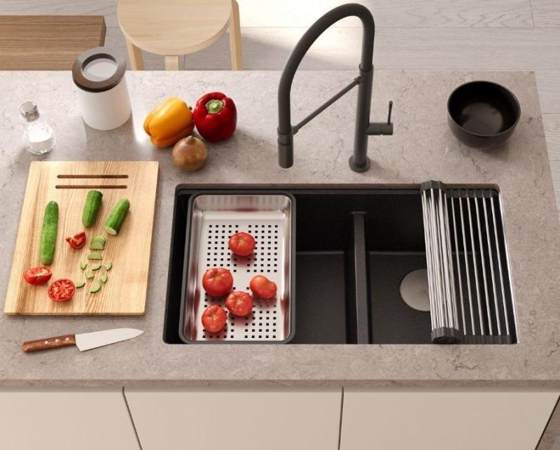 Quadri Newport II Dubbel Beige Granit Inbyggnad Diskbänk 76x45 cm med Kopparplugg 1208971752