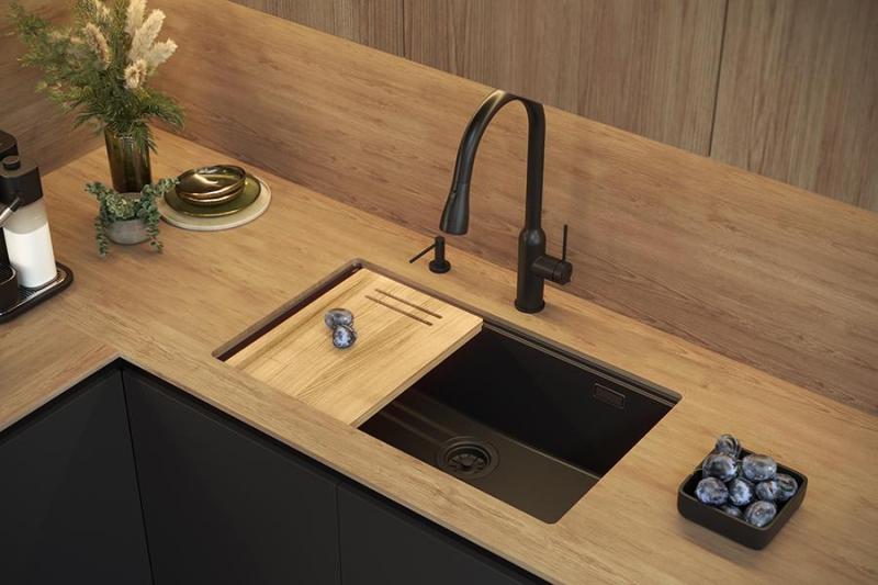 Quadri Newport II stor och djup diskbänk i granit för både överbyggnad och underbyggnad, beige diskbänk 76x45cm med kopparplugg 1208971758