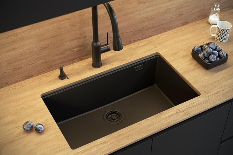 Quadri Newport II stor och djup diskbänk i granit för både överbyggnad och underbyggnad, beige diskbänk 76x45cm med kopparplugg 1208971758