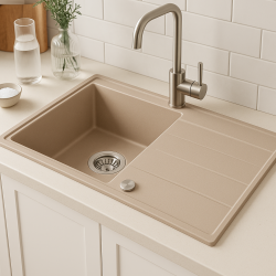 Quadri Luton pärlbeige granitbyggdiskho med avrinningsyta omvändbar 86x50cm med rostfritt stålpropp 1208971779