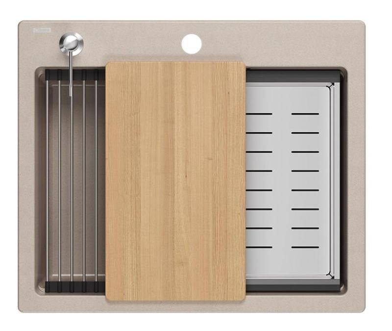 Quadri Durham Pearl Beige granit överbyggnad diskho 595x500 med tvåldispenser, skärbräda, insatsbassäng och rullmatta 1208971814