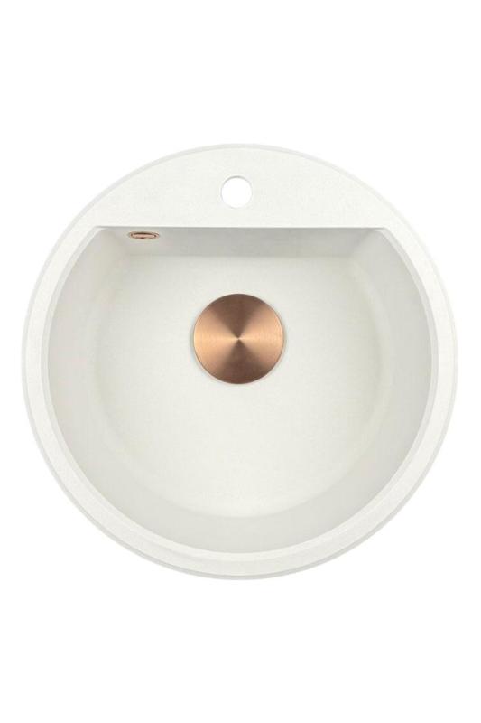 GraniteMy Bremen runda granit diskbänk 43 cm vit, överbyggnad och underbyggnad, med kranhålsbänk och automatisk kopparplugg 1208971847