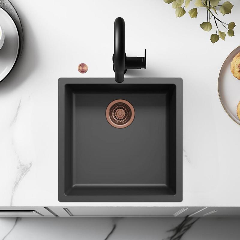 Ausmann Fibre svart diskbänk 40x40cm för underbyggnad, överbyggnad och plan inbyggnad med automatisk kopparplugg 1208971852