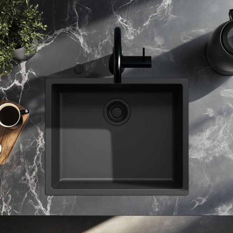 Ausmann Fiber svart diskbänk 50x40cm för underbyggnad, överbyggnad och planbyggnad med automatisk svart plugg 1208971856