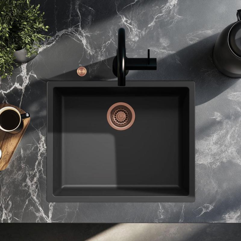 Ausmann Fiber svart diskho 50x40cm undermontering, övermontering och planmontering med automatisk kopparplugg 1208971858