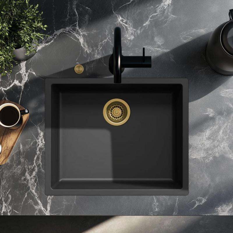 Ausmann Fibre svart diskbänk 50x40cm för undermontering, påbyggnad och planmontering med automatisk guldplugg 1208971859