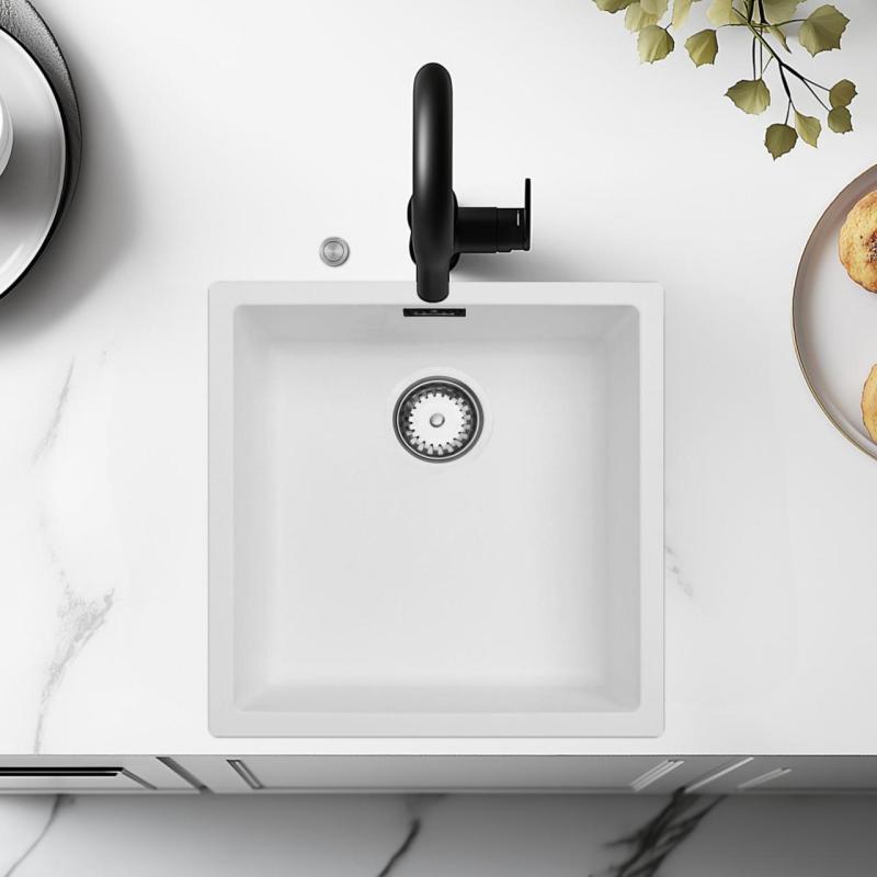 Ausmann Fiber vit diskbänk 40x40cm underbyggnad, överbyggnad och planinbyggnad med automatisk rostfritt stål plugg 1208971891