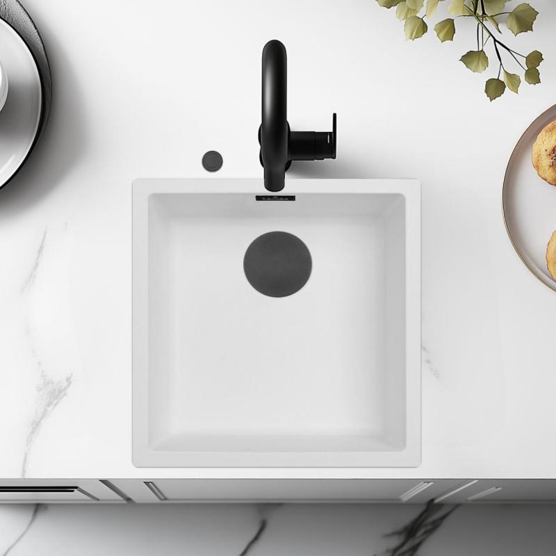 Ausmann Fiber vit diskbänk 40x40cm underbyggnad, överbyggnad och plan inbyggnad med automatisk svart plugg 1208971892