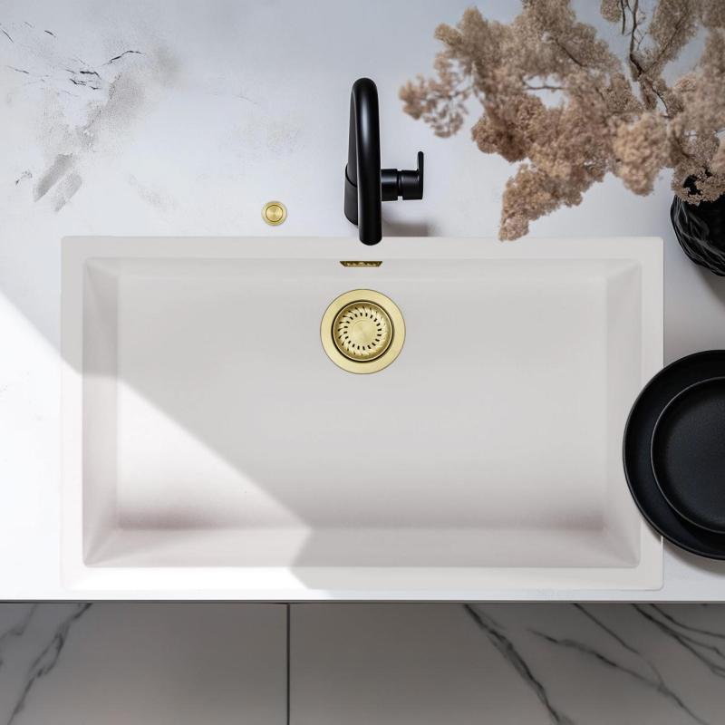 Ausmann Fiber vit stor diskbänk 70x40cm underbyggnad, överbyggnad och plan inbyggnad med automatisk guldplugg 1208971907