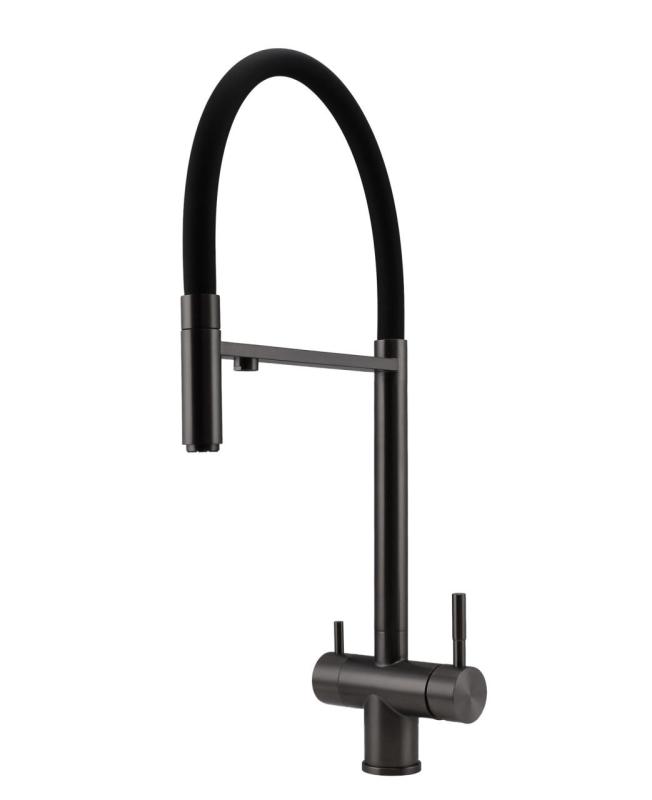 Pure.Sink Elite Steel Flex 3-vägs PVD gun metal kökskran med flexibel utlopp och Filtrerat vatten PS8110-61