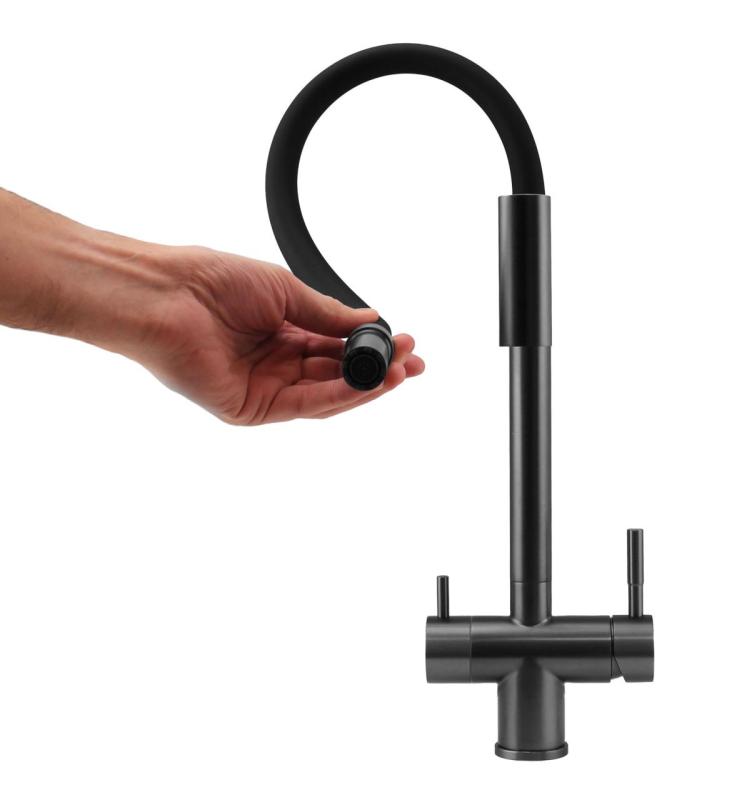 Pure.Sink Elite Steel Flex 3-vägs PVD gun metal kökskran med flexibel utlopp och Filtrerat vatten PS8110-61
