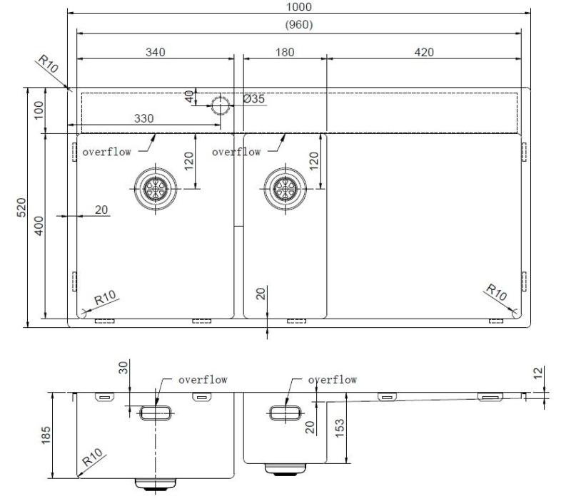 Pure.Sink Exclusivo Gun metal 1,5  diskho med avrinningsdel 100x52 cm Tapwing vänster PEX3418100LT-61