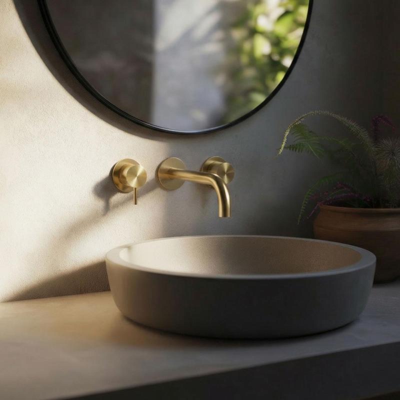 Waterevolution Flow 3-håls infälld tvättställsblandare PVD vitguld med utlopp 15 cm T1163FWGE-15