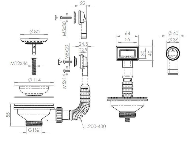 Pure.Sink Universal Korgproppset Gun metal, avloppsats diskbänk inkl. överflöde rund och rektangulär WSTMAN-61