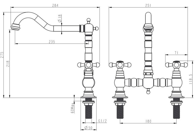 Aquanello Heritage Ascot Klassisk köksblandare i rostfritt stål med korshandtag i nostalgisk brodesign NB-0011-HM