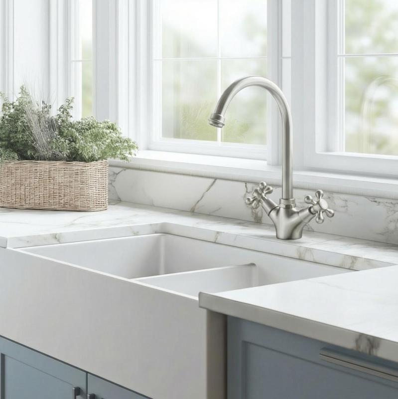 Aquanello Heritage Ascot Klassisk köksblandare i rostfritt stål med rund pip – NB-4003-HA