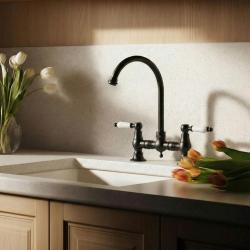 Aquanello Heritage Manor Klassisk köksblandare i nostalgisk stil, svart med vit handtag och rund pip BL-0011-HM