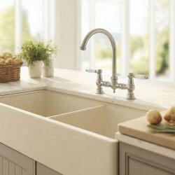 Aquanello Heritage Manor Klassisk kök Nostalgisk bro Kökskran i rostfritt stål med vit handtag och rund utlopp NB-0011-HM